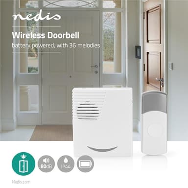 Nedis Trådløs ringeklokke Set | Batteri drevet | 3 V DC | 1x CR2032 | Volum: 80 dB | Signalområde (siktelinje): 300 m | IP44 | 36 Melodier | 1 Mottaker | Grå / Hvit