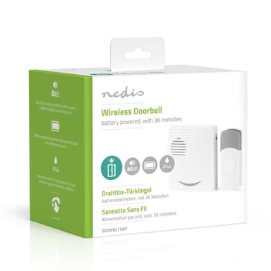 Nedis Trådløs ringeklokke Set | Batteri drevet | 3 V DC | 1x CR2032 | Volum: 80 dB | Signalområde (siktelinje): 300 m | IP44 | 36 Melodier | 1 Mottaker | Grå / Hvit