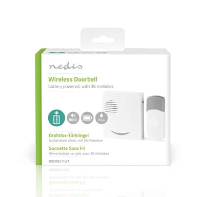 Nedis Trådløs ringeklokke Set | Batteri drevet | 3 V DC | 1x CR2032 | Volum: 80 dB | Signalområde (siktelinje): 300 m | IP44 | 36 Melodier | 1 Mottaker | Grå / Hvit