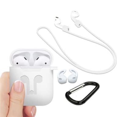 Silikonsett for Airpods, silikonetui, stropp, ørepropper i silikon, karabinkrok, hvit