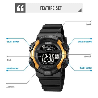 SKMEI 50m vanntett armbåndsur klokke - svart+gul