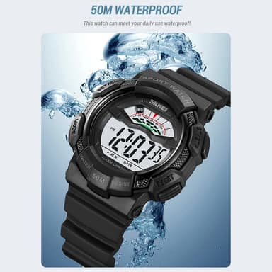 SKMEI 50m vanntett armbåndsur klokke - svart+blå/hvit urskive