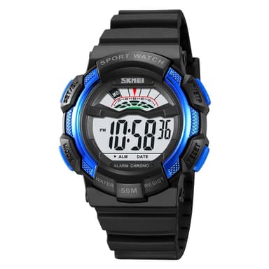 SKMEI 50m vanntett armbåndsur klokke - svart+blå/hvit urskive