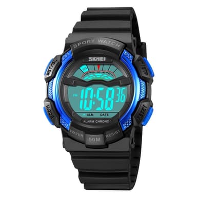 SKMEI 50m vanntett armbåndsur klokke - svart+blå/hvit urskive