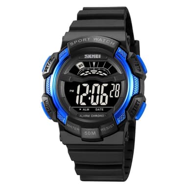 SKMEI 50m vanntett armbåndsur klokke - svart+blå/svart urskive
