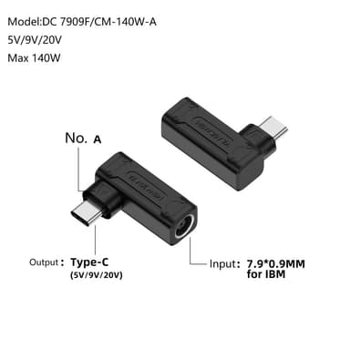 DC 7,9x0,9 hunn til USB-C mannlig 140W omformeradapter