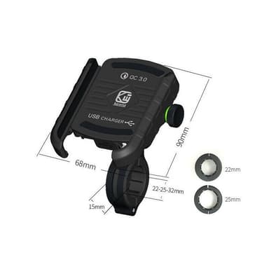 Mobilholder til motorsykkel med QC3.0 hurtiglading, Svart