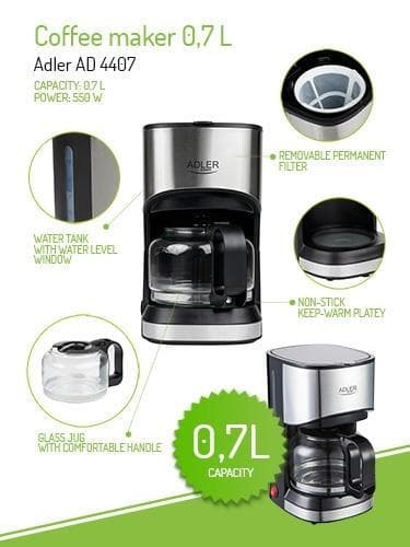 Adler kaffetrakter, 0,7 liter