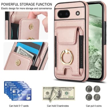 Til Google Pixel 8a Kickstand Case Telefonveske med Kortspor - Rose Gold