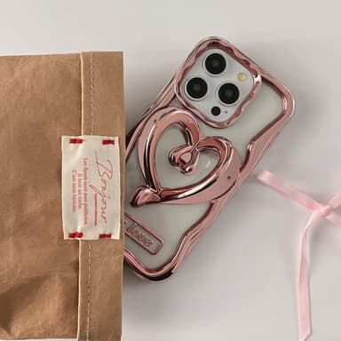 Til iPhone 15 Pro Case Love Heart Kickstand TPU Elektrobelagt Gjennomsiktig Mobiltelefonveske - Rosa