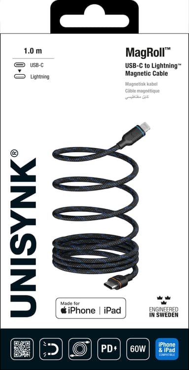 Unisynk MagRoll Magnetic 60W USB-C til Lightning adapter (1m)