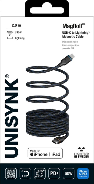 Unisynk MagRoll Magnetic 60W USB-C til Lightning adapter (2m)