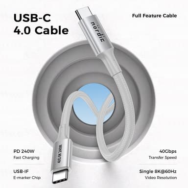 NÖRDIC 1m USB4 USB-C til C nylonflettet kabel PD3.1 med 240W hurtiglading 40G 8K60Hz 4K120Hz 5K60Hz 2x4K60Hz Emarker
