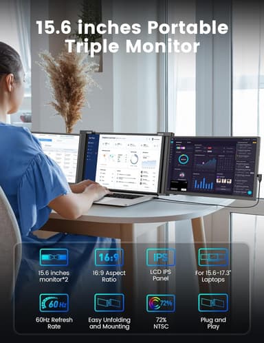 NÖRDIC doble bærbare 15.6""-skjermer med teleskopstativ for bærbar PC 15-17,3"", FHD 1080P, Mac/Windows, USB-C tilkobling