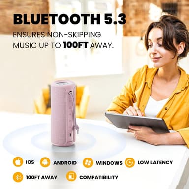 Bluetooth-høyttaler 36W bærbar høyttaler med stereolydbase, Bluetooth 5.3 trådløs IP7x vanntett høyttaler Rosa