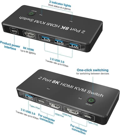 NÖRDIC HDMI 2.1 8K60Hz KVM-svitsj 2 til 1 HDCP2.3 HDR10 med 4xUSB-A-utgang
