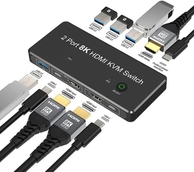 NÖRDIC HDMI 2.1 8K60Hz KVM-svitsj 2 til 1 HDCP2.3 HDR10 med 4xUSB-A-utgang