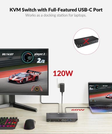 AV Access 4K USB-C og HDMI KVM-svitsj 4 PC-er 1 skjerm, 60W lading for bærbar PC