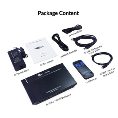 AV Access 4K USB-C og HDMI KVM-svitsj 4 PC-er 1 skjerm, 60W lading for bærbar PC
