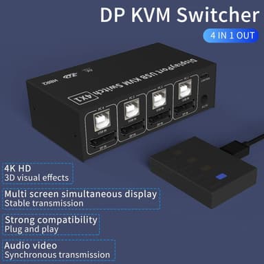 NÖRDIC KVM Switch 4 PC til 1 DisplayPort 4K 60Hz og 4x USB HDCP 2.2