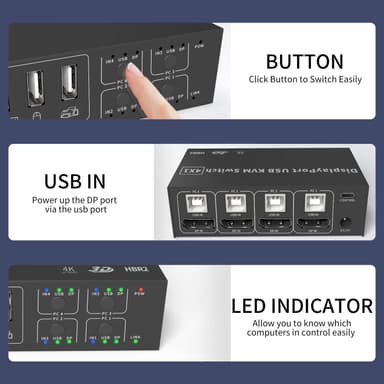 NÖRDIC KVM Switch 4 PC til 1 DisplayPort 4K 60Hz og 4x USB HDCP 2.2