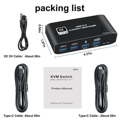 NÖRDIC HDMI 2.1 8K60Hz KVM-svitsj 2 til 1 HDCP2.3 HDR10 med 4XUSB-A-utgang