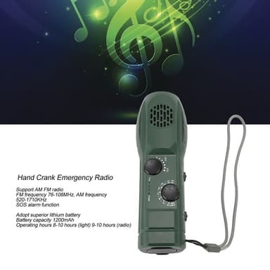 Håndsveiv AM/FM-radio LED lommelykt 1200mAh nødstrømbank