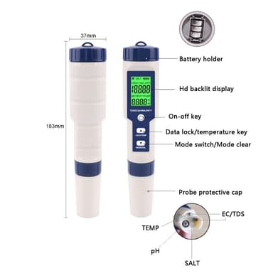 5-i-1-test for vannkvalitet EC Ph TDS temperatur saltholdighet