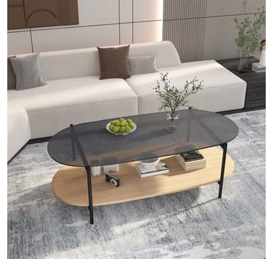 Salongbord CINDY 120x55xH40cm, grått glass/melamin eik