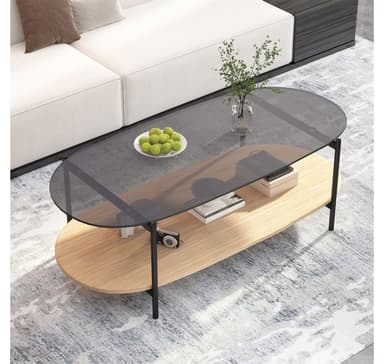 Salongbord CINDY 120x55xH40cm, grått glass/melamin eik