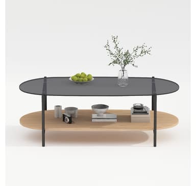 Salongbord CINDY 120x55xH40cm, grått glass/melamin eik