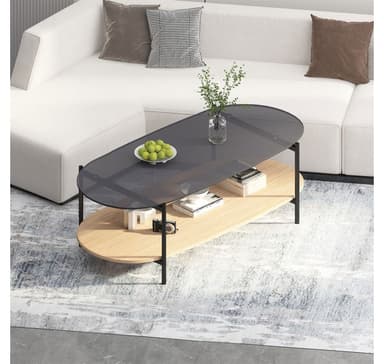 Salongbord CINDY 120x55xH40cm, grått glass/melamin eik