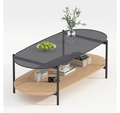 Salongbord CINDY 120x55xH40cm, grått glass/melamin eik