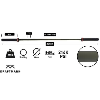 Kraftmark Olympisk vektstang 50 mm - Cerakote CF Bar Green 15kg