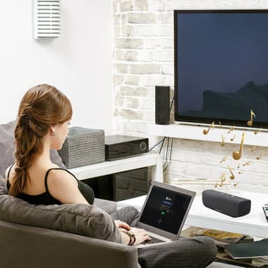 Bluetooth-høyttaler med rød knappdetalj
