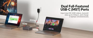 AV Access-dokkingstasjon og KVM-svitsj 2 til 2 USB-C til HDMI, 4K60Hz, 6x USB-A, 1x USB-C PD 100W, 1x 3,5 mm AUX, 1x SD-kortleser, 2x60W PD