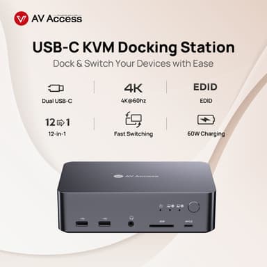 AV Access-dokkingstasjon og KVM-svitsj 2 til 2 USB-C til HDMI, 4K60Hz, 6x USB-A, 1x USB-C PD 100W, 1x 3,5 mm AUX, 1x SD-kortleser, 2x60W PD
