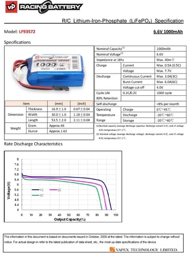 6,6V 1000mAh - 3C - Vapex LiFe Cube
