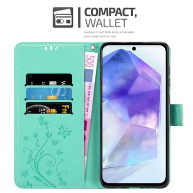 Samsung Galaxy A55 lommebokdeksel Blomster (Turkis)