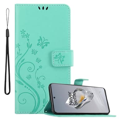 OnePlus 12 lommebokdeksel Blomster (Turkis)