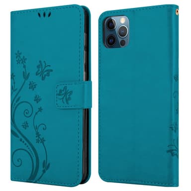 iPhone 12 PRO MAX lommebokdeksel Blomster (blå)