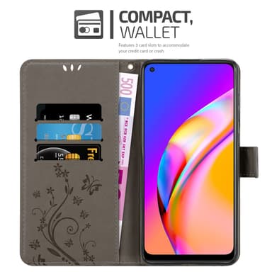 Oppo A94 5G lommebokdeksel Blomster (grå)