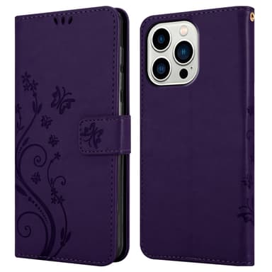 iPhone 14 PRO lommebokdeksel Blomster (lilla)