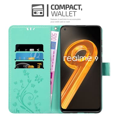 Realme 9 4G / 9 PRO+ lommebokdeksel Blomster (turkis)