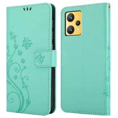 Realme 9 4G / 9 PRO+ lommebokdeksel Blomster (turkis)