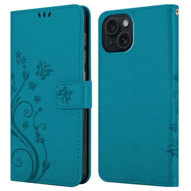iPhone 15 PLUS lommebokdeksel Blomster (Blå)