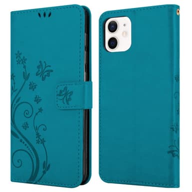 iPhone 12 MINI lommebokdeksel Blomster (blå)