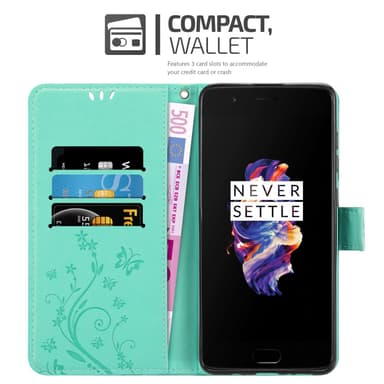 OnePlus 5 lommebokdeksel Blomster (turkis)