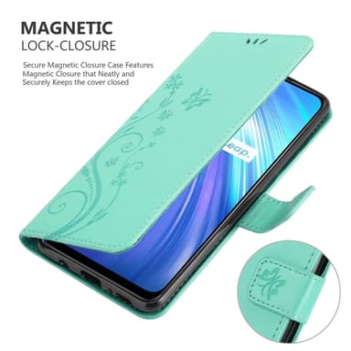 Realme 6 4G / 6s lommebokdeksel Blomster (turkis)