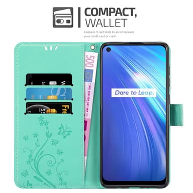 Realme 6 4G / 6s lommebokdeksel Blomster (turkis)
